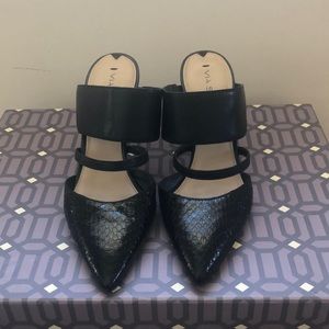 Via Spiga Black Snakeskin Mule Heels